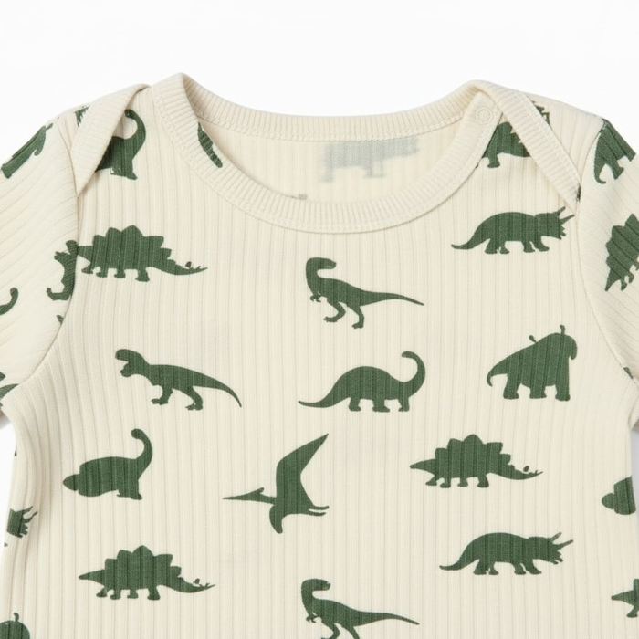 Beige and Green Dinosaur Ribbed Fabric Jumpsuit for Boys