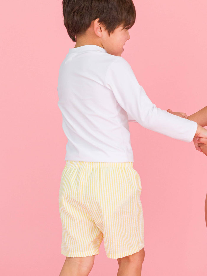Boys Banana Seersucker Swim Trunks