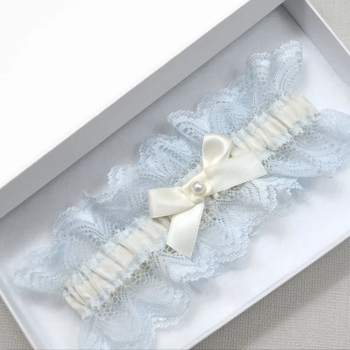 Melody Ivory Satin and Blue Lace Trim Bridal Garter - The Wedding Garter
