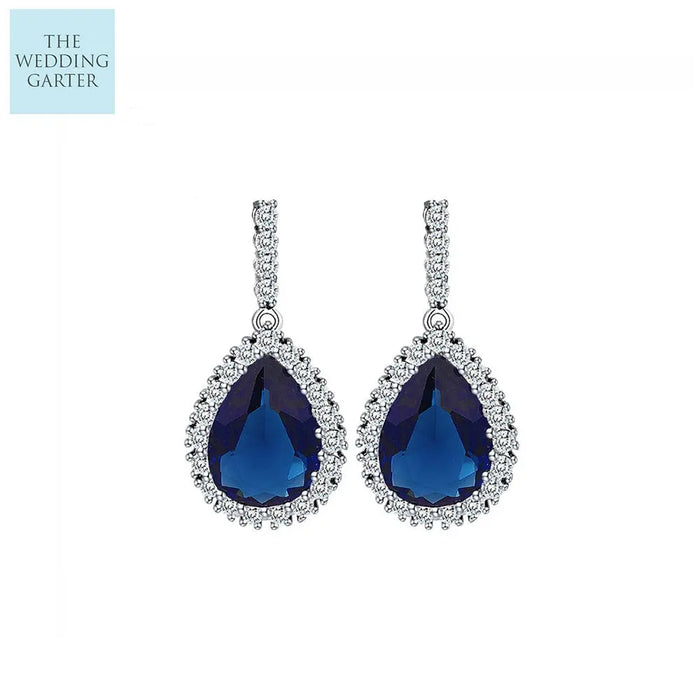 Tear Drop Blue Sapphire CZ Bridesmaid Earrings - The Wedding Garter