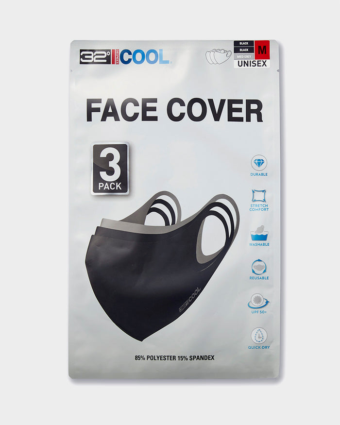32 Degrees Black/Black/Grey Unisex 3 Pack Face Covering Mask