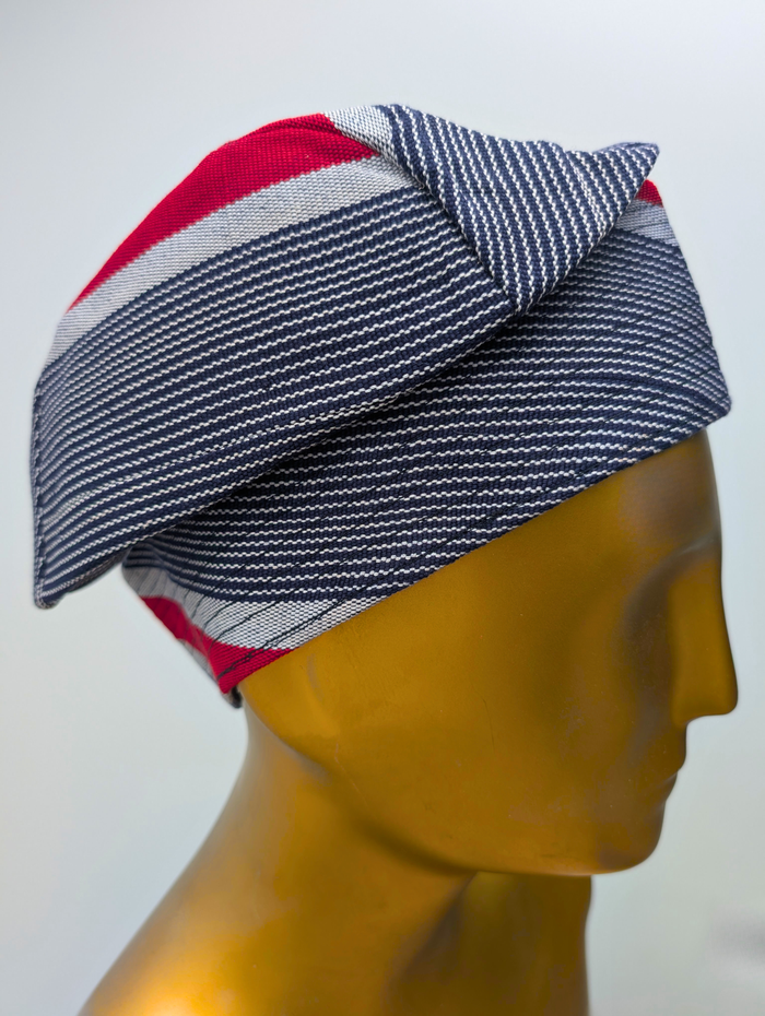 Ali Aso Oke African Cap – Navy Red Stripe (Fila Hat)