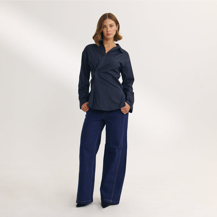 Asymmetric Shirt - Navy Pinstripe
