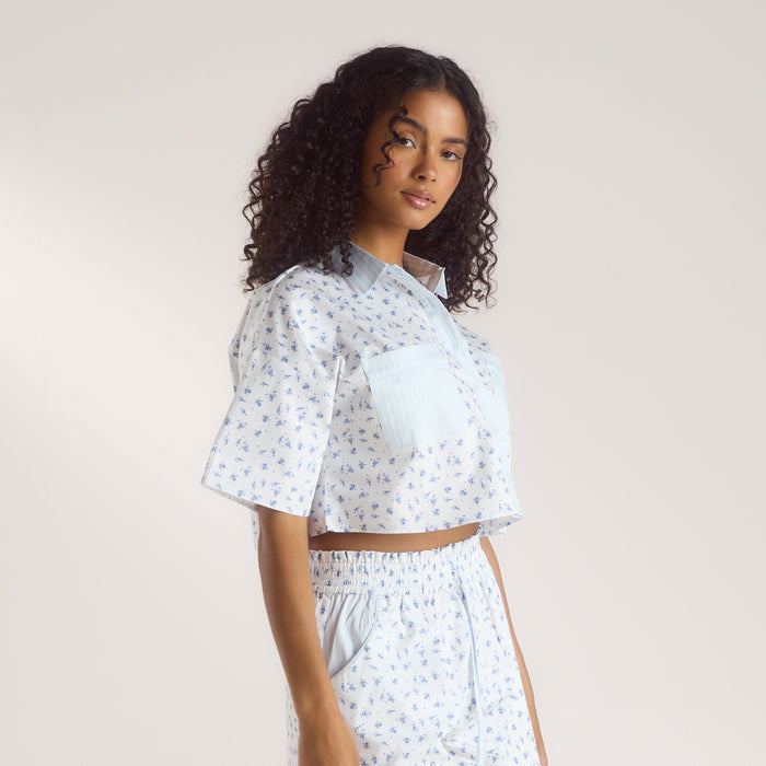 Bloom & Stripe Short-Sleeved Pyjama Shirt - Blue