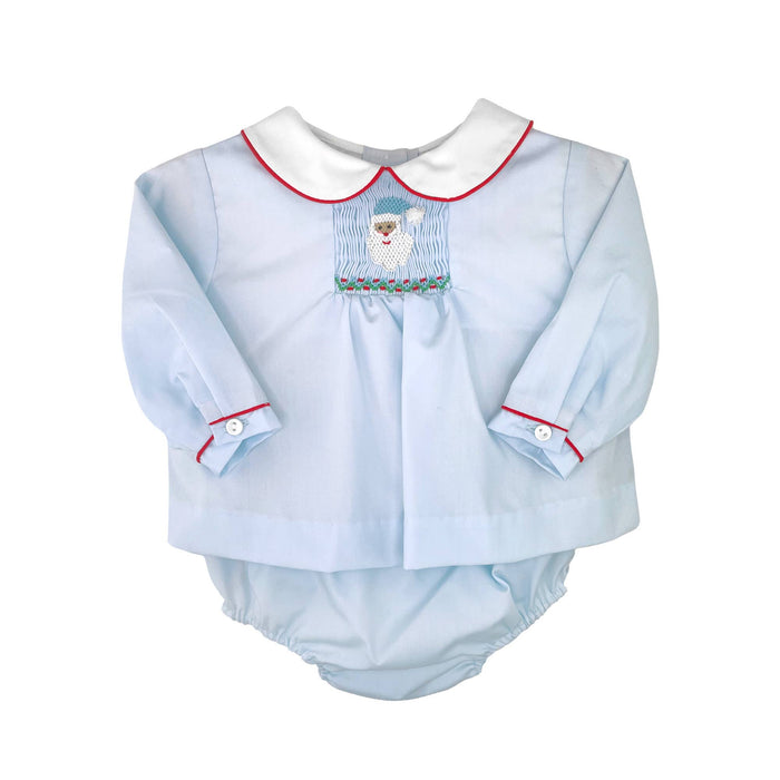 Blue Hand Smocked Santa Diaper Set