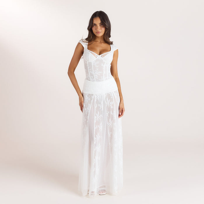Cap-Sleeve Lace Bodysuit - White