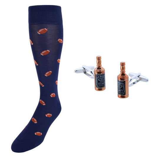 Cheers Whiskey Cufflinks & Touchdown Football Mid-Calf Socks