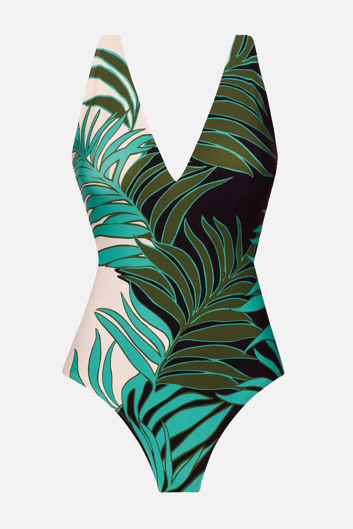 Green and white palm leaf printed one-piece swimsuit