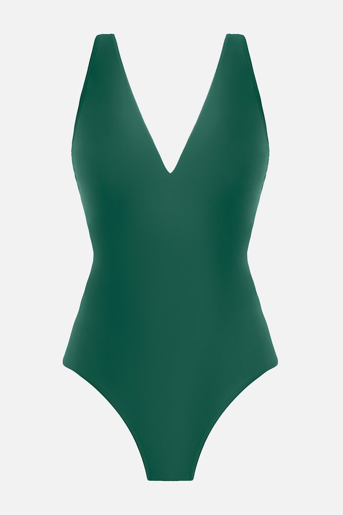 Green one-piece swimsuit with a V neckline