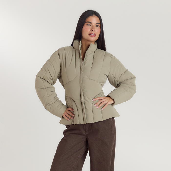 Cinched Puffer Coat - Thyme