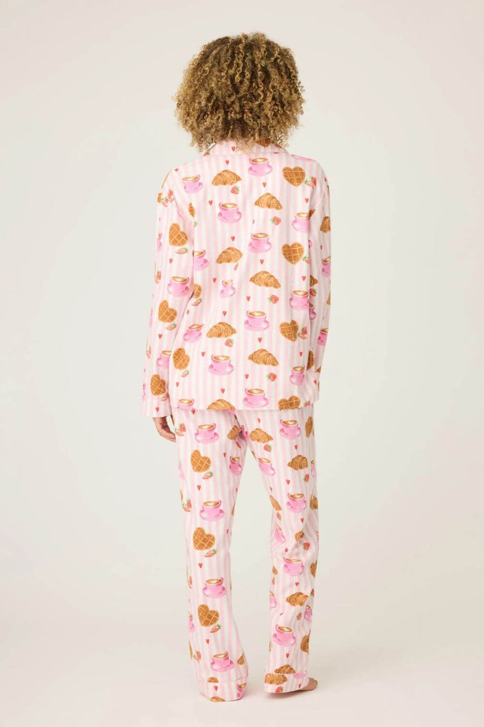 PJ Salvage Croissant Print Long Flannel PJ Set in Pink