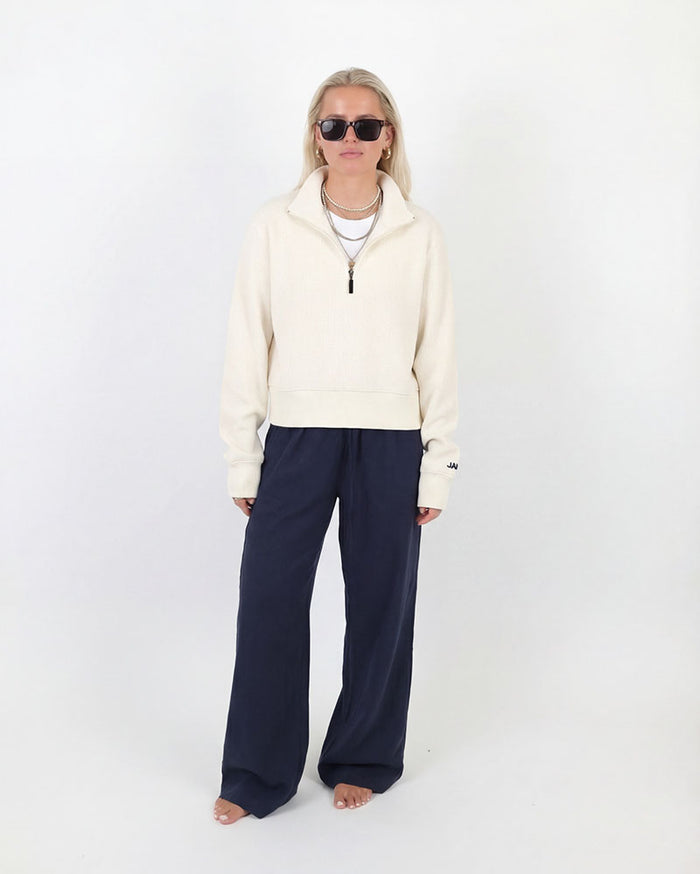 Cropped Merino-Cotton 1/4 Zip | Cream
