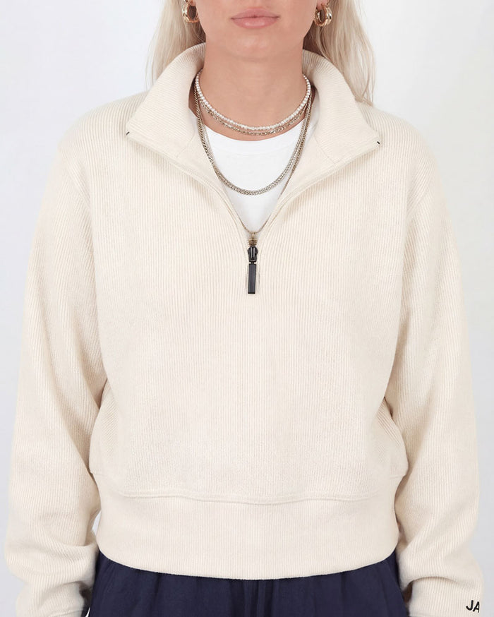 Cropped Merino-Cotton 1/4 Zip | Cream