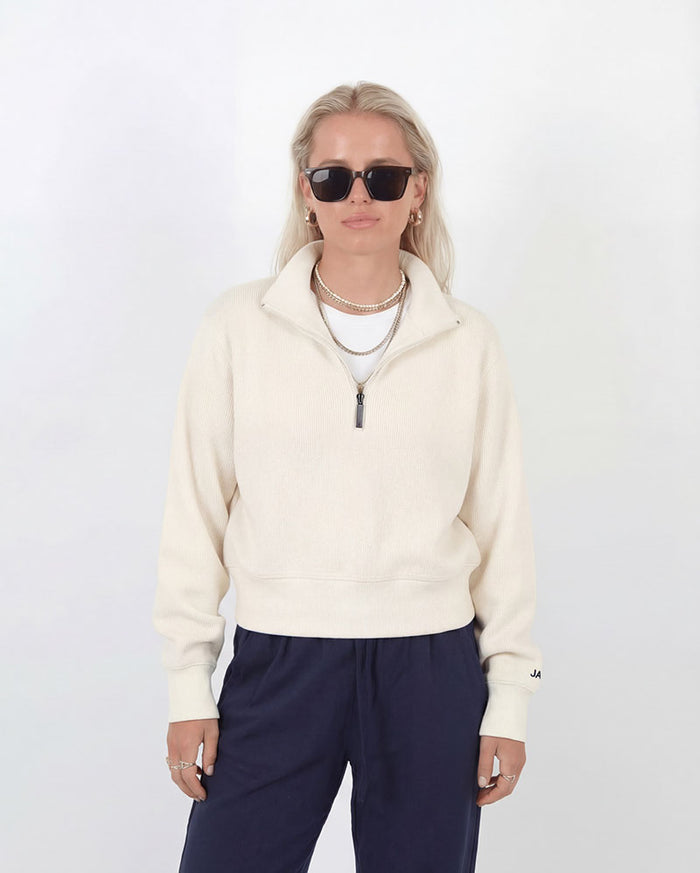 Cropped Merino-Cotton 1/4 Zip | Cream