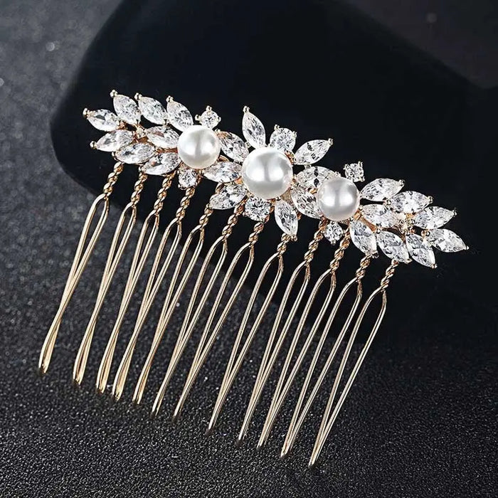 CZ Diamond & Pearl Gold Bridal Hair Accessories Comb - The Wedding Garter