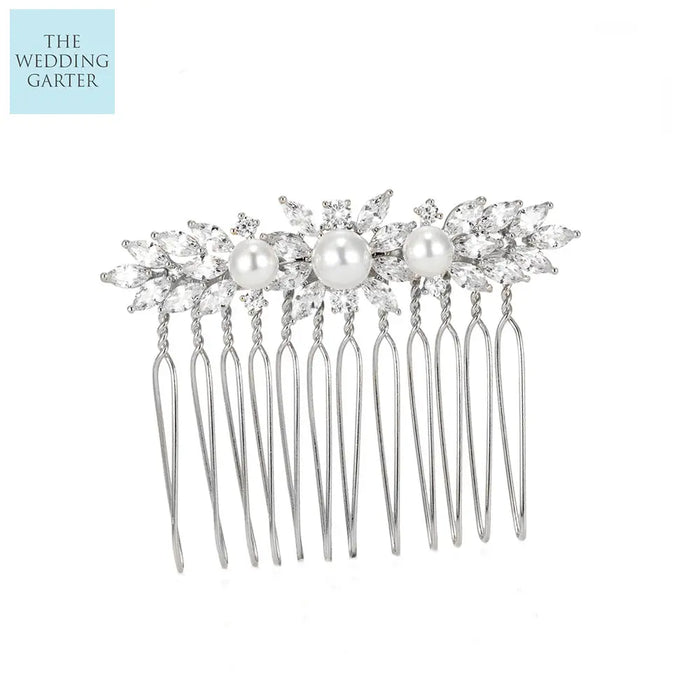 CZ Diamond & Pearl Gold Bridal Hair Accessories Comb - The Wedding Garter