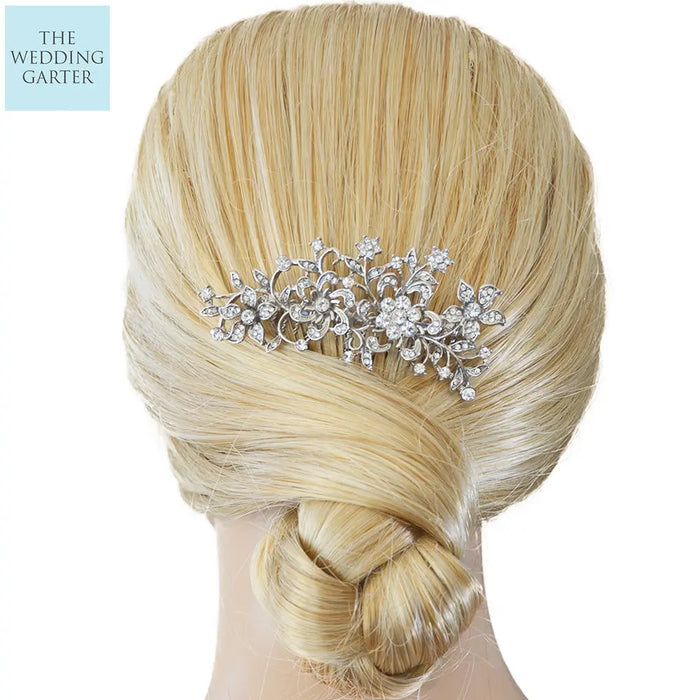 Delicate Silver Floral Rhinestone Bridal Headpiece - The Wedding Garter