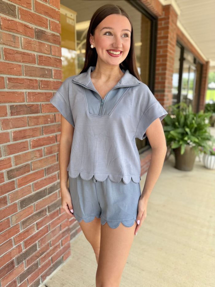 Denim Blue Scallop Half Zip Set