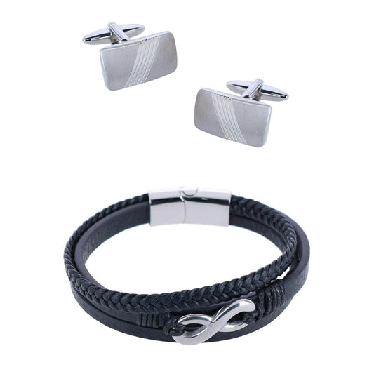 Diagonal Rhodium Cufflinks & Infinity Triple Leather Bracelet