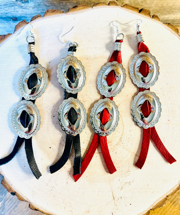 Double Concho Leather Fringe Earrings