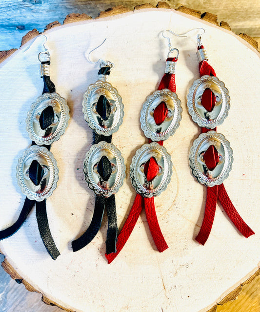 Double Concho Leather Fringe Earrings