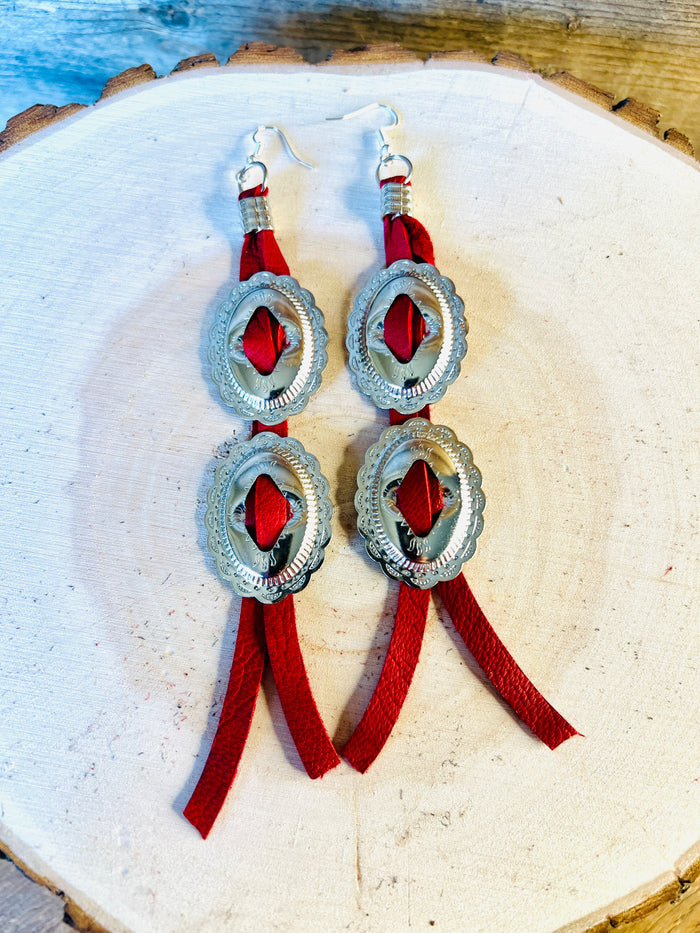 Double Concho Leather Fringe Earrings