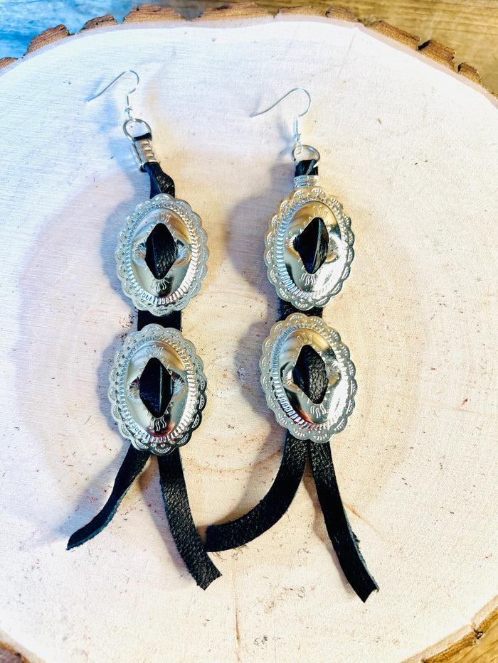 Double Concho Leather Fringe Earrings