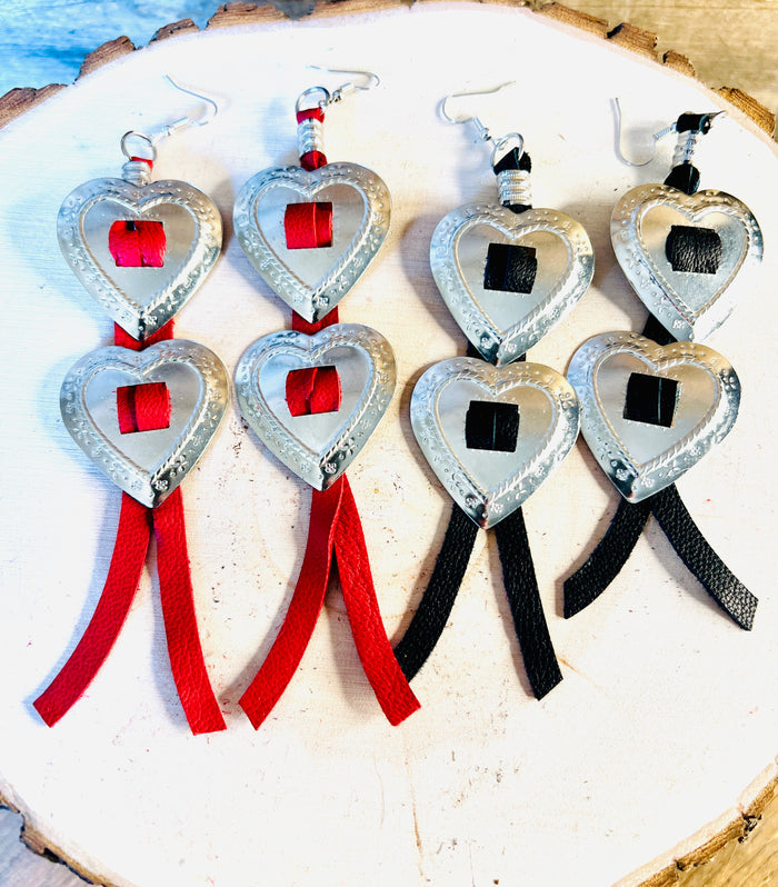Double Heart Concho Leather Fringe Earrings