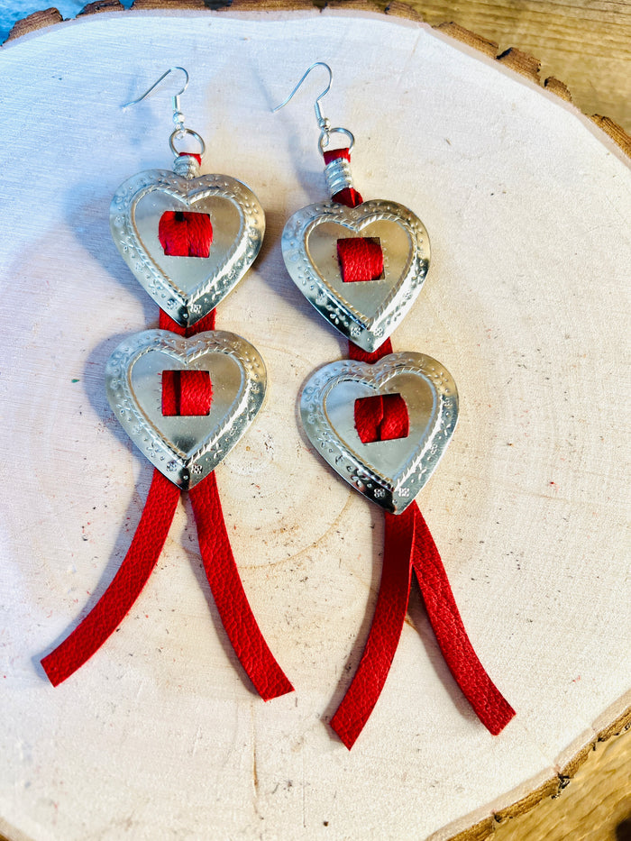 Double Heart Concho Leather Fringe Earrings