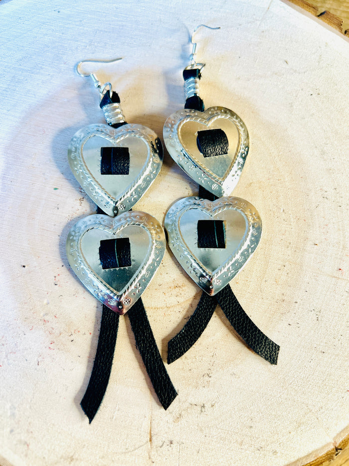 Double Heart Concho Leather Fringe Earrings