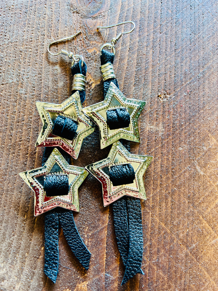 Double Star Concho Leather Fringe Earrings