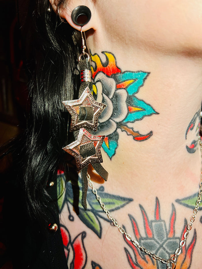 Double Star Concho Leather Fringe Earrings