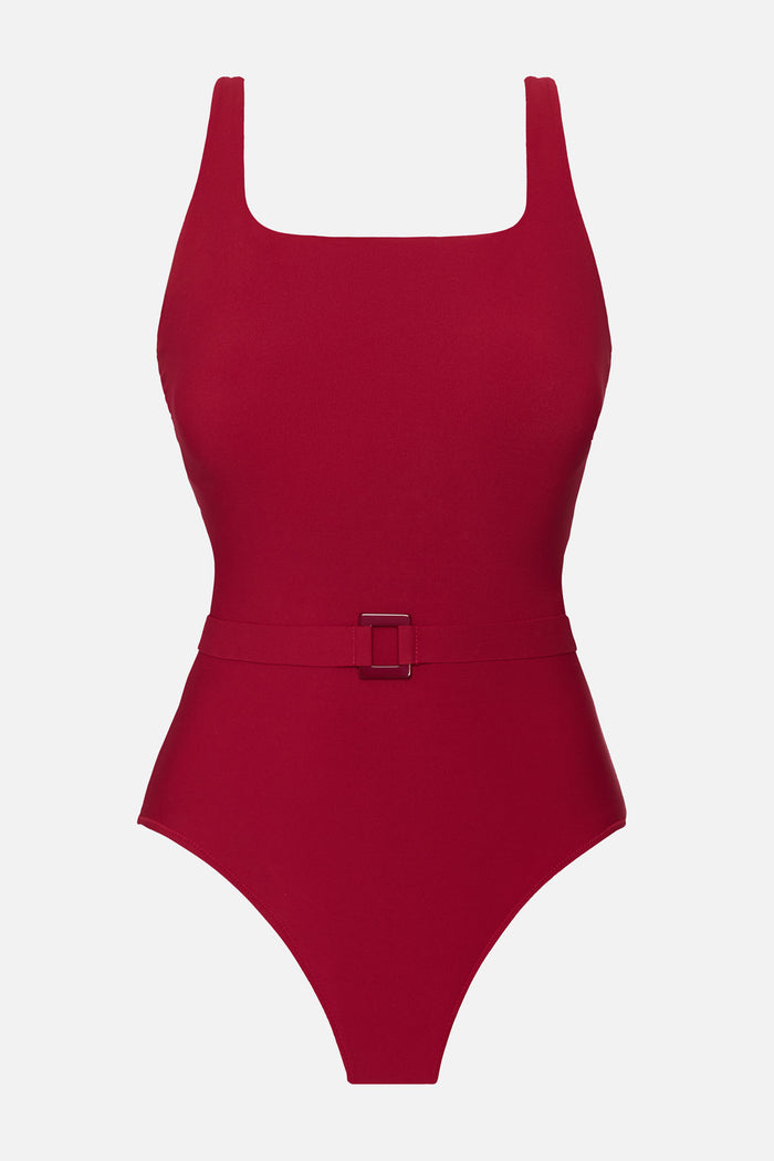 Cherry red one-piece swimsuit with belt