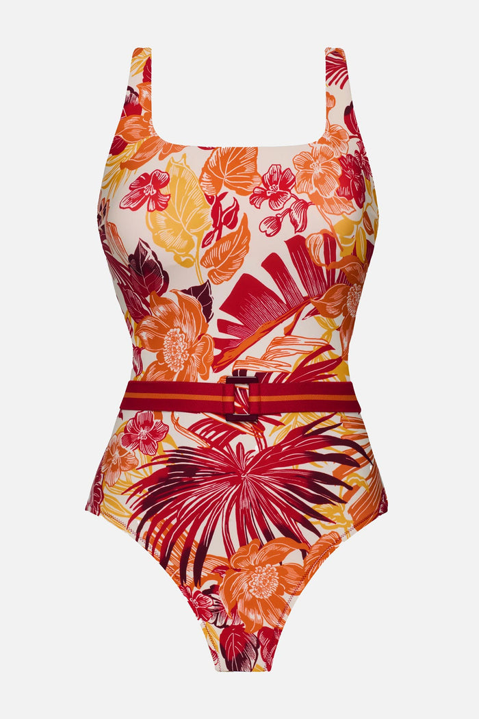 Multicolored palm leaf printed one-piece swimsuit with a belt
