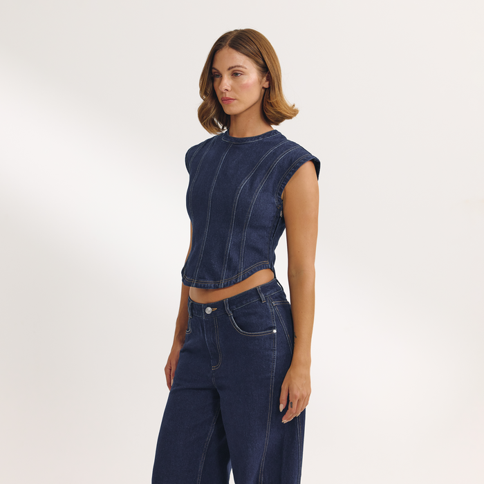 Fitted Denim Top - Indigo Blue
