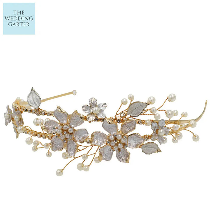 Floral Blush Gold & Crystal Bridal Tiara - The Wedding Garter