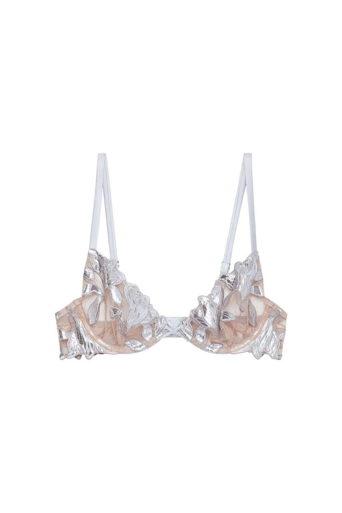 Fleur du Mal Foil Lily Embroidery Bra in Platinum