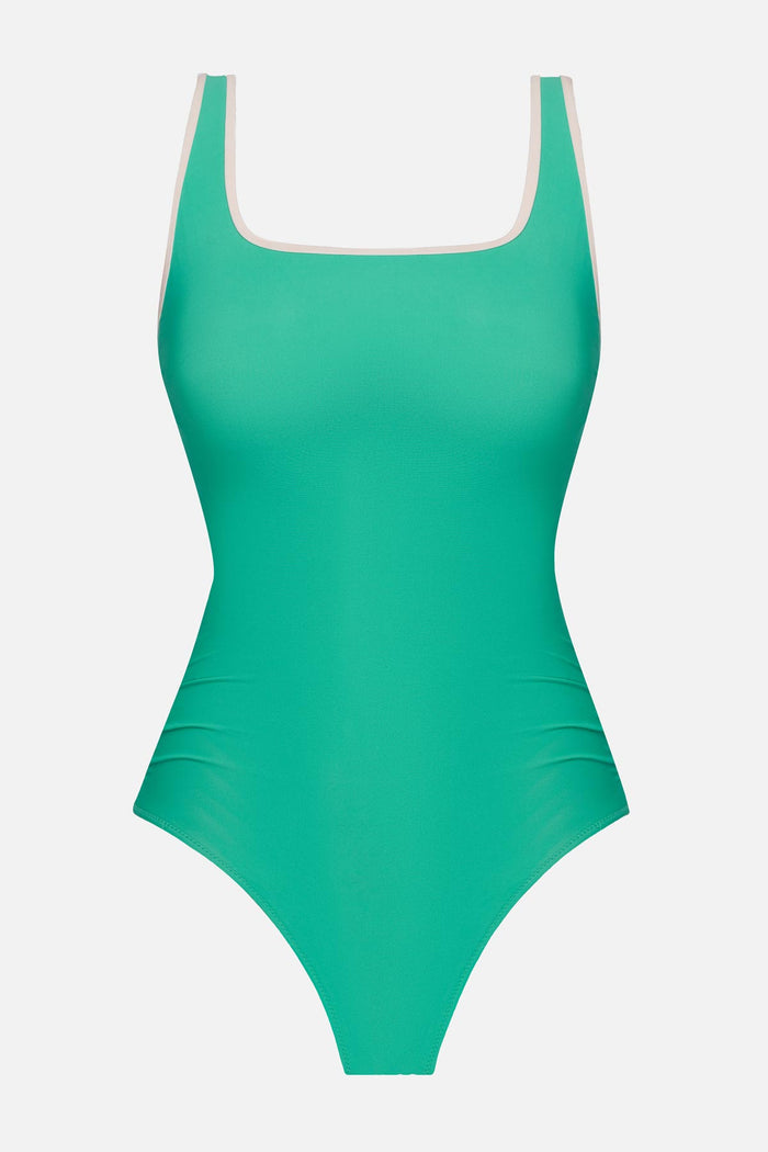 Seafoam green one-piece swimsuit with white piping on the edges