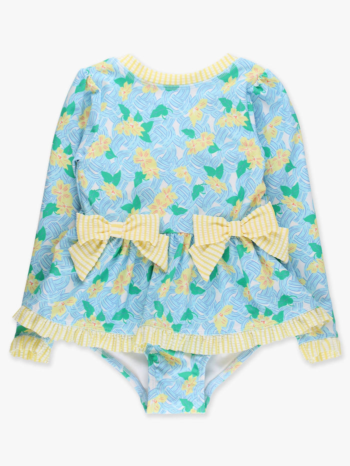 Girls Blooming Basket Long Sleeve One Piece Bow Peplum Rash Guard Swimsuit