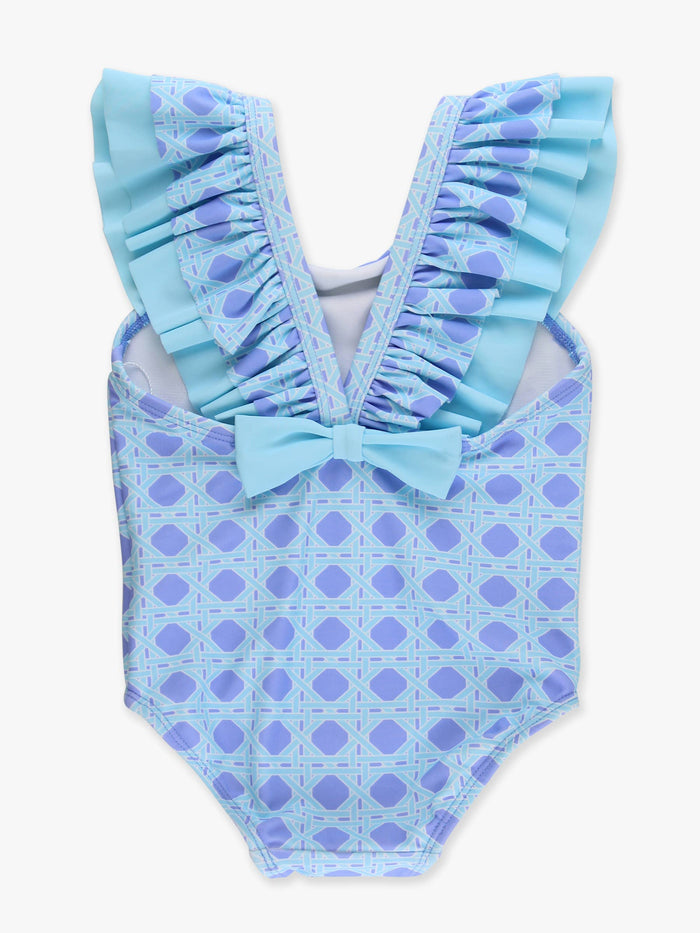 Girls Periwinkle Blue Coastal Cane Bow V-Back One Piece Swimsuit
