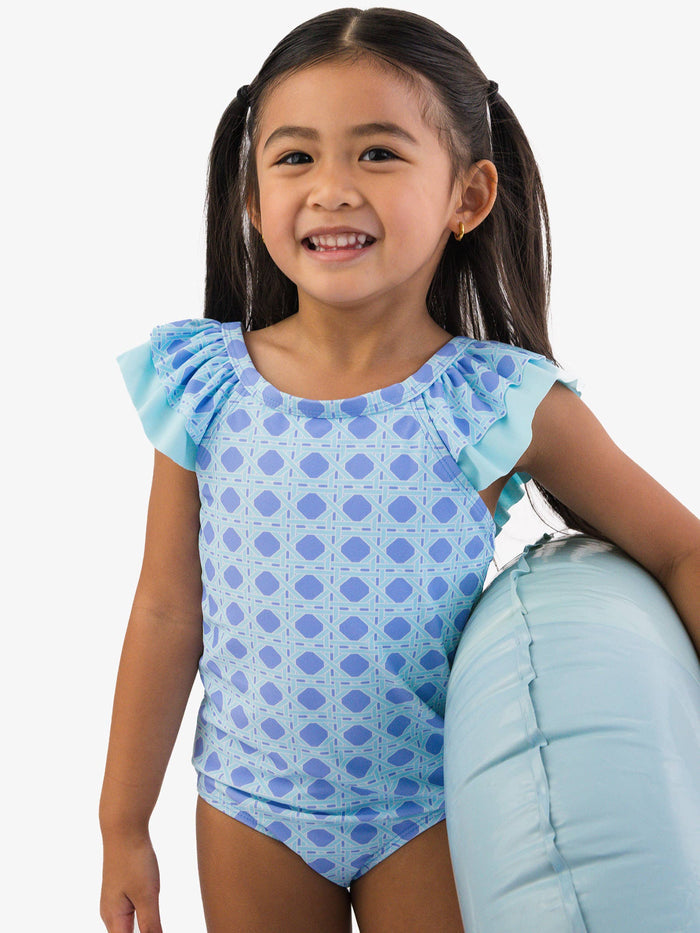 Girls Periwinkle Blue Coastal Cane Bow V-Back One Piece Swimsuit