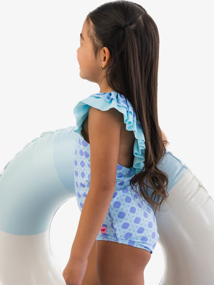 Girls Periwinkle Blue Coastal Cane Bow V-Back One Piece Swimsuit
