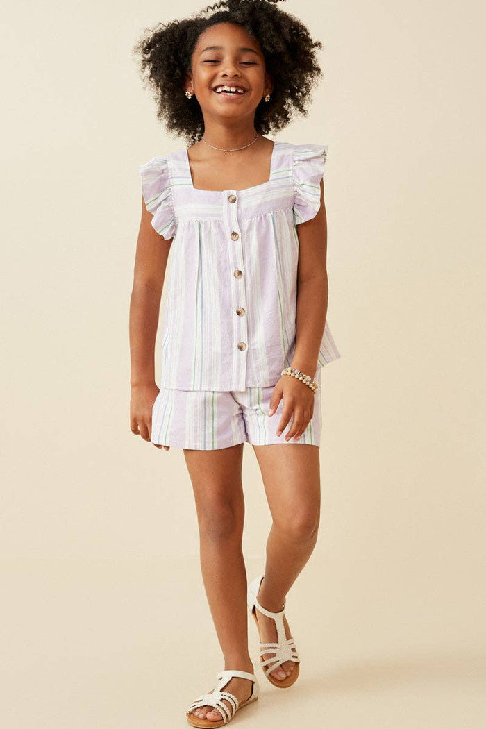 Girls Striped Square Neck Ruffled Button Top