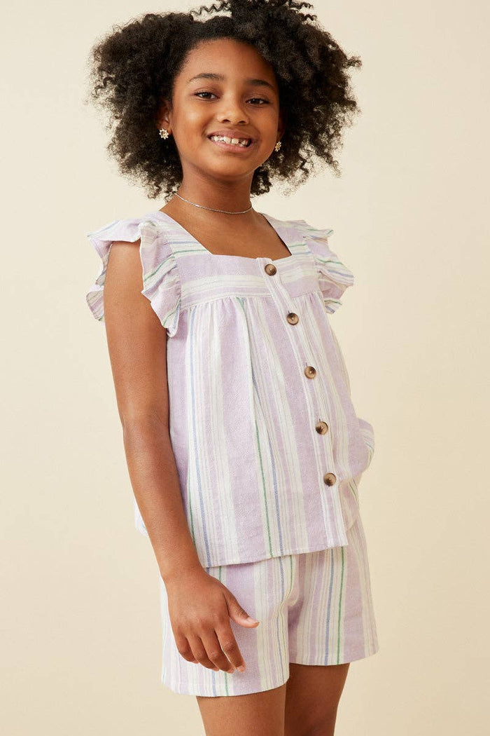 Girls Striped Square Neck Ruffled Button Top