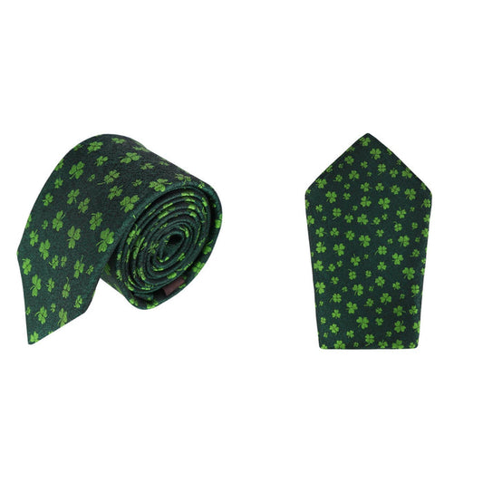 Green Shamrock Novelty Silk Pocket Square and Necktie Bundle