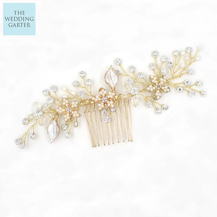 Handcrafted Crystal & Pearl Gold Bridal Hair Vine Comb - The Wedding Garter