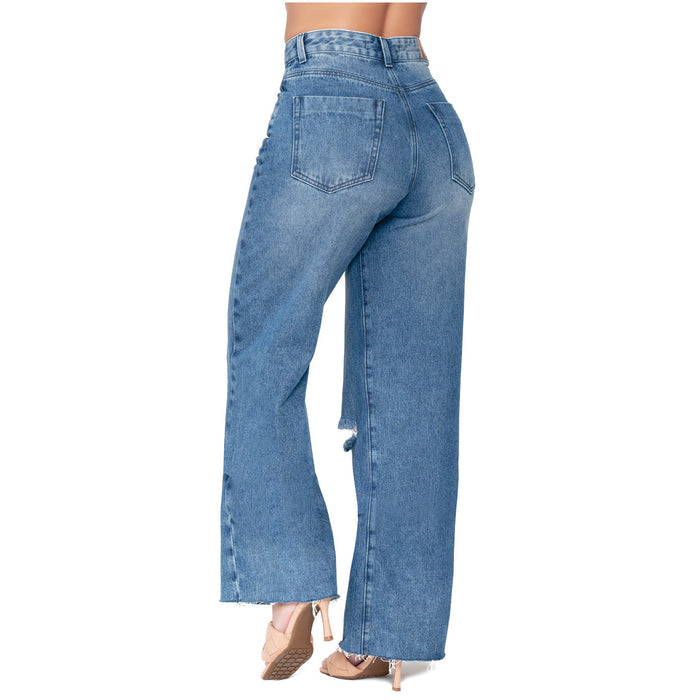 High-Rise Wide-Leg Distressed Denim Jeans – Full Length