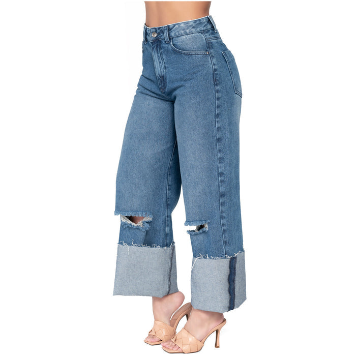 High-Rise Wide-Leg Distressed Denim Jeans – Full Length