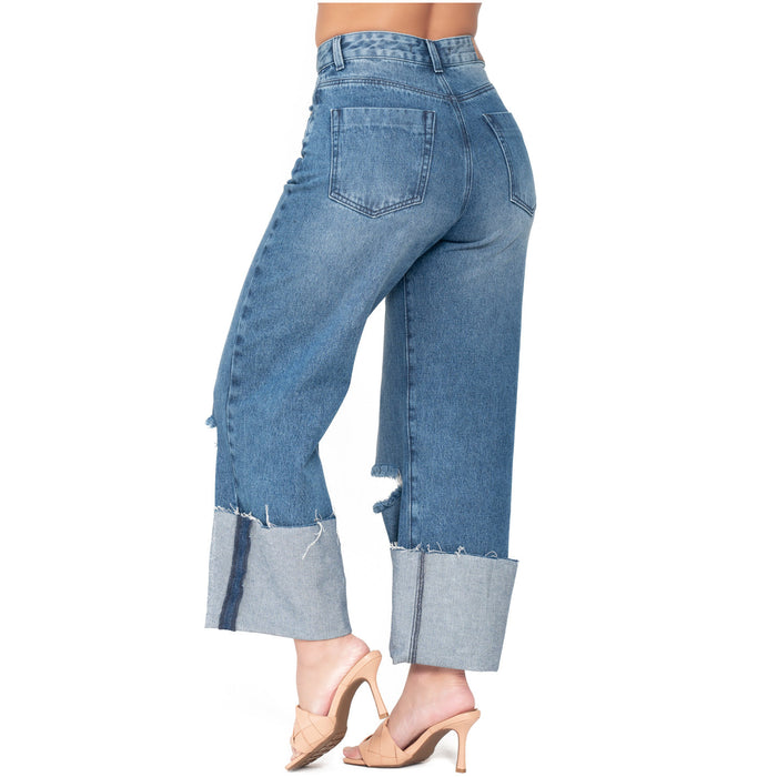 High-Rise Wide-Leg Distressed Denim Jeans – Full Length