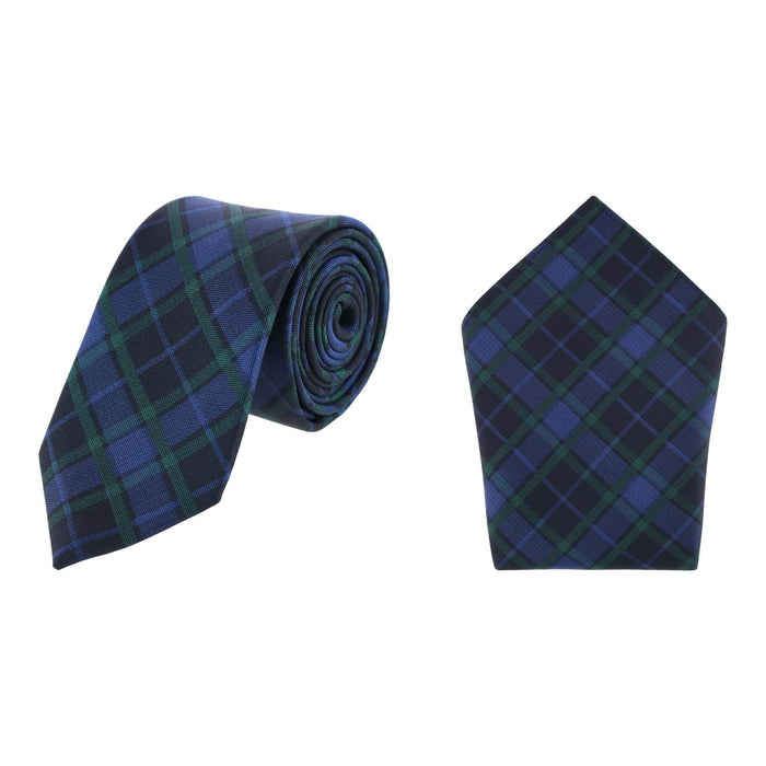 Ives Green and Navy Blackwatch Plaid Necktie and Pocket Square Bundle